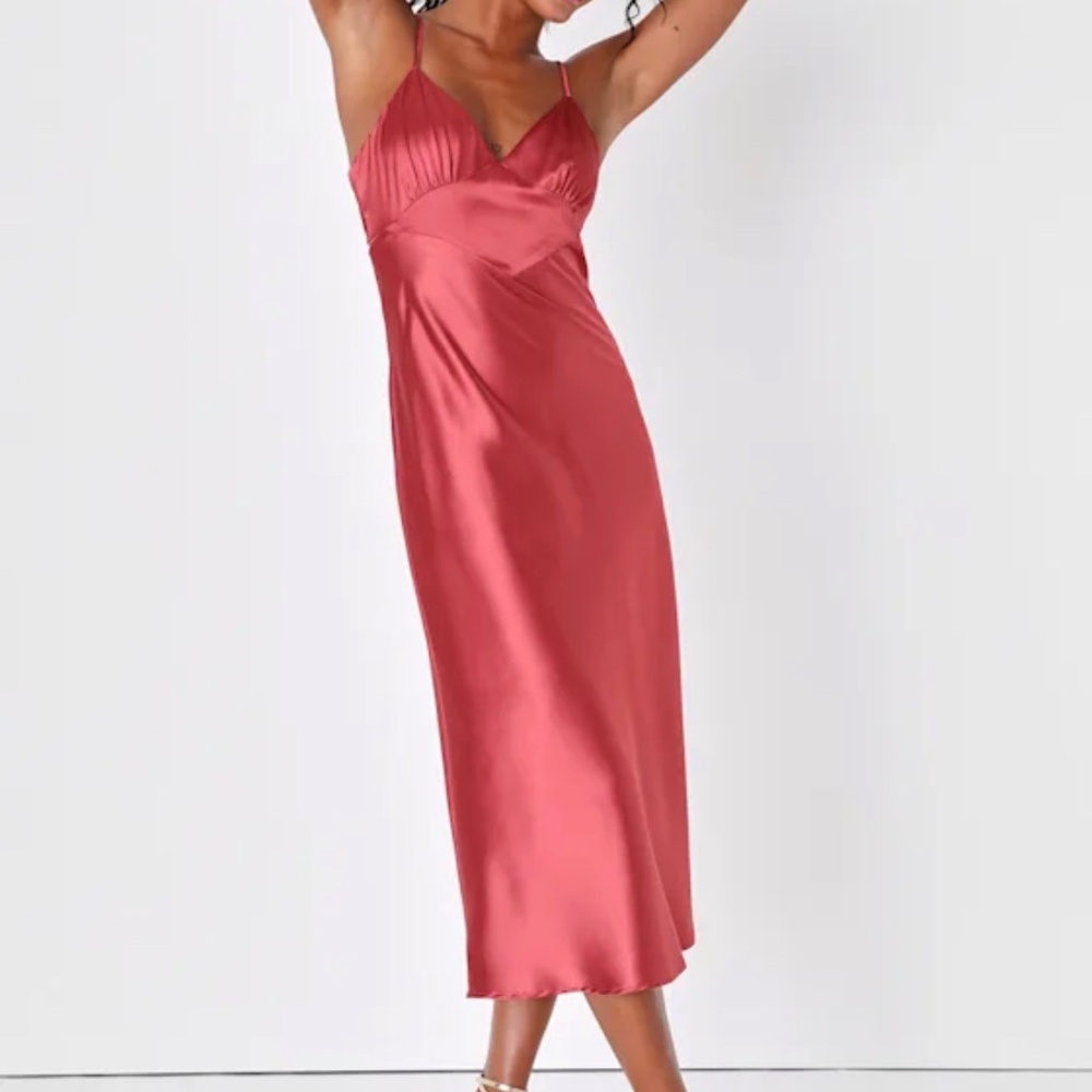 Lulus Luxe Moments Rusty Rose Satin Tie-back Midi Slip Dress Pink - Size M